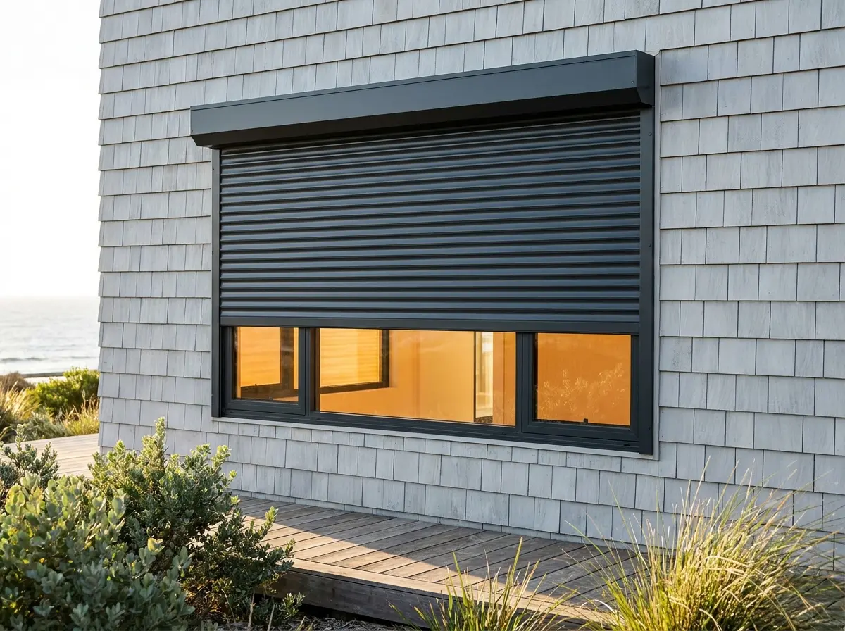 The same window fitted with powder-coated aluminium shutters, illustrative