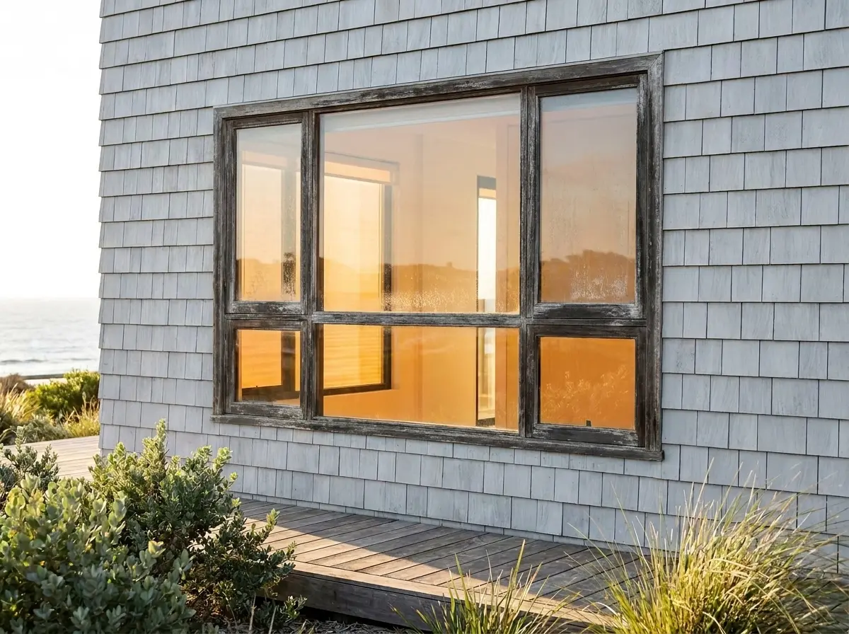 A sun and salt-exposed window with no shutter, illustrative