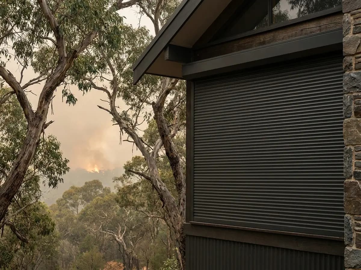 The same window shielded by a closed BAL-rated bushfire shutter, illustrative