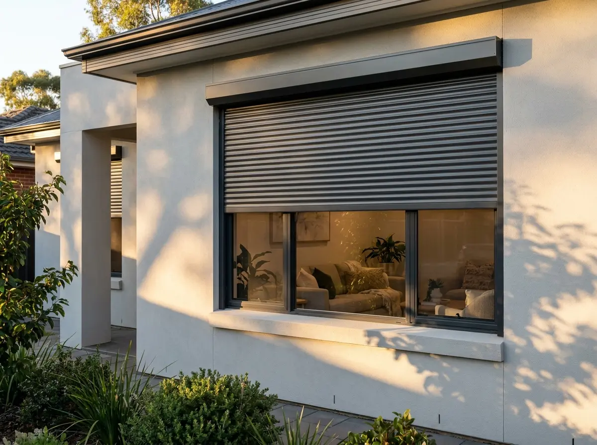 The same Adelaide window fitted with a roller shutter, illustrative
