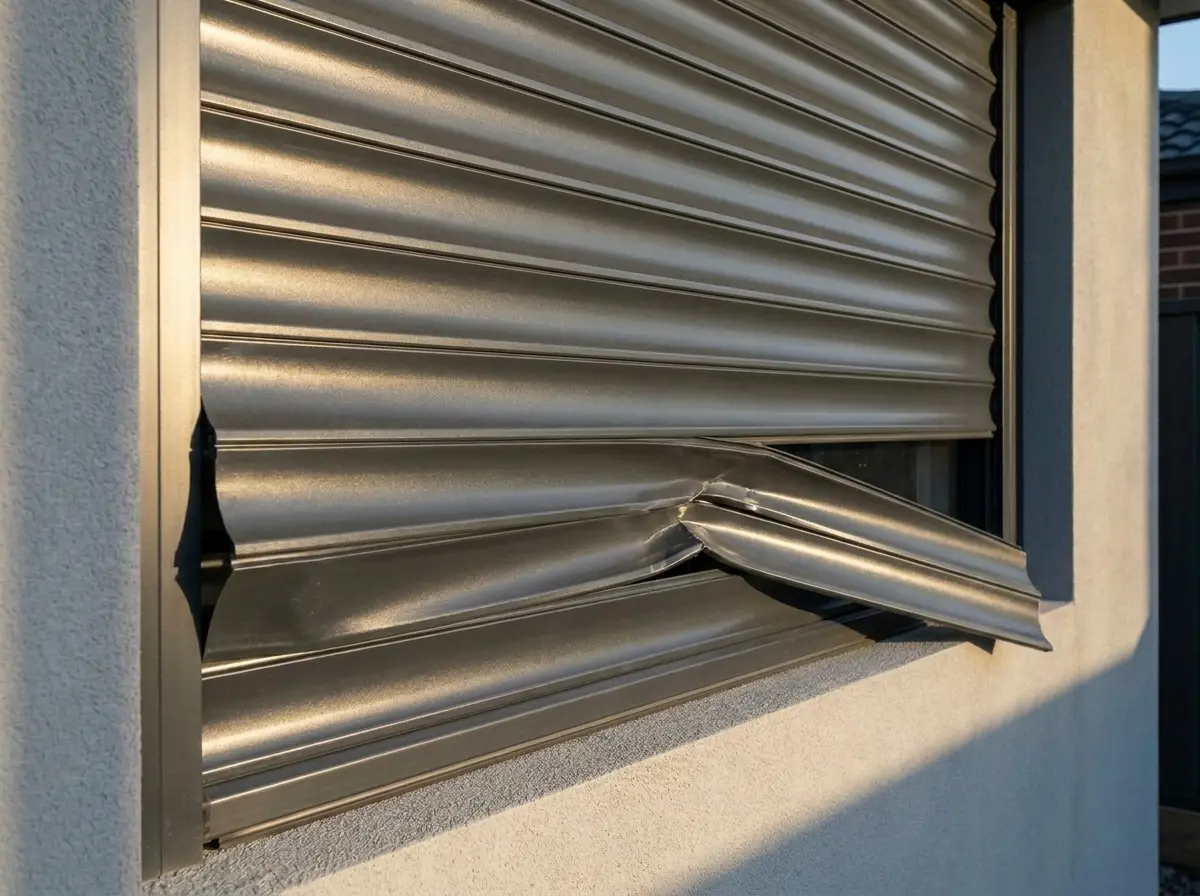 A jammed roller shutter stuck part-way down, illustrative