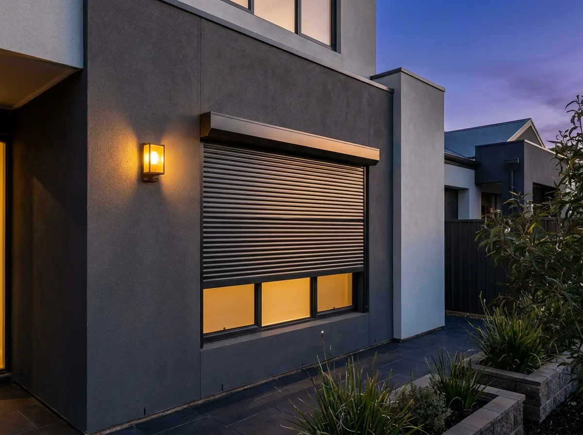 The same window covered by a closed security roller shutter, illustrative