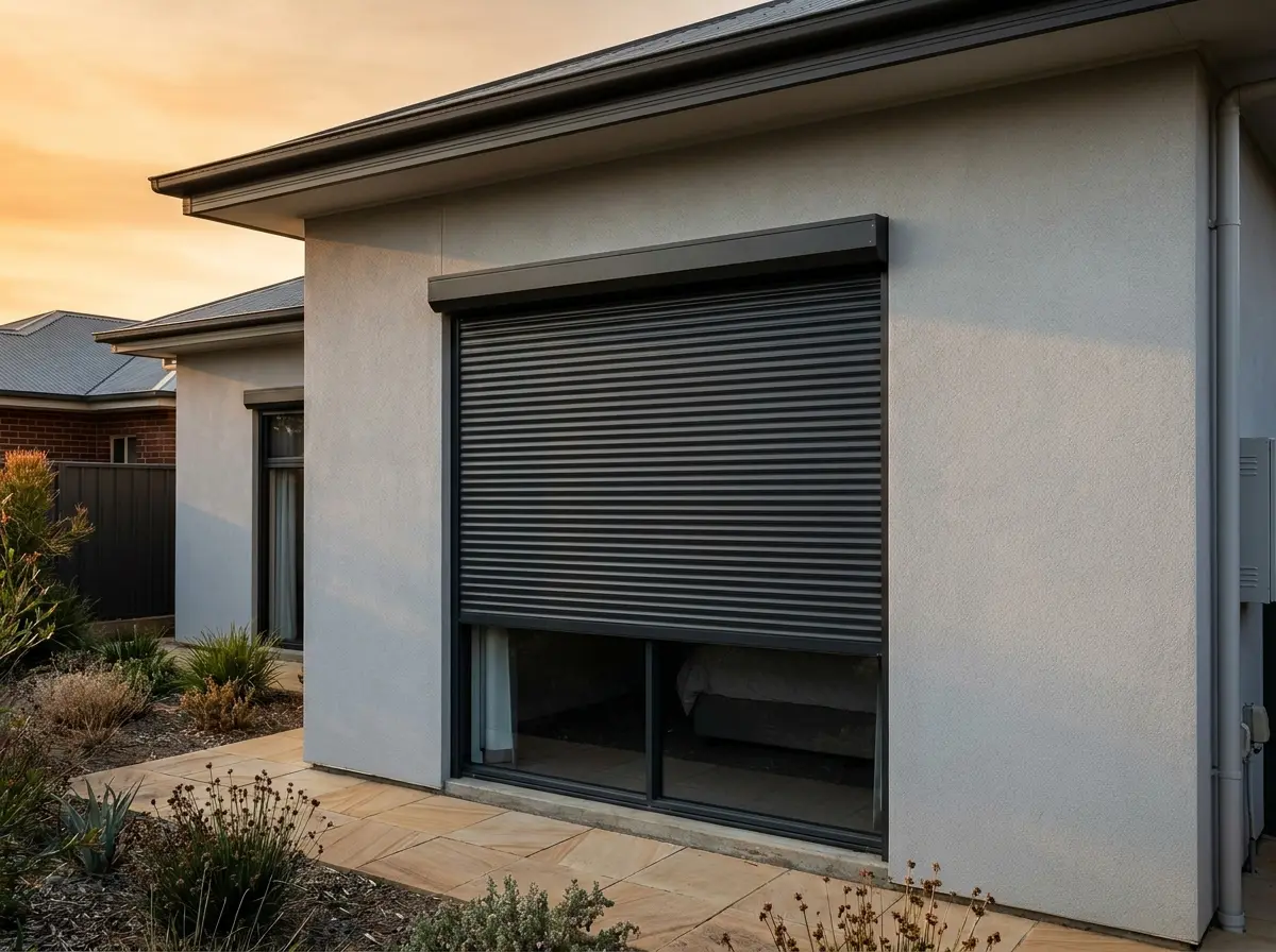 The same room shaded by a closed window roller shutter, illustrative
